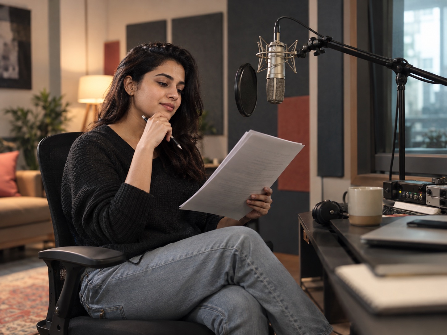 An artist reviewing her script at a studio microphone