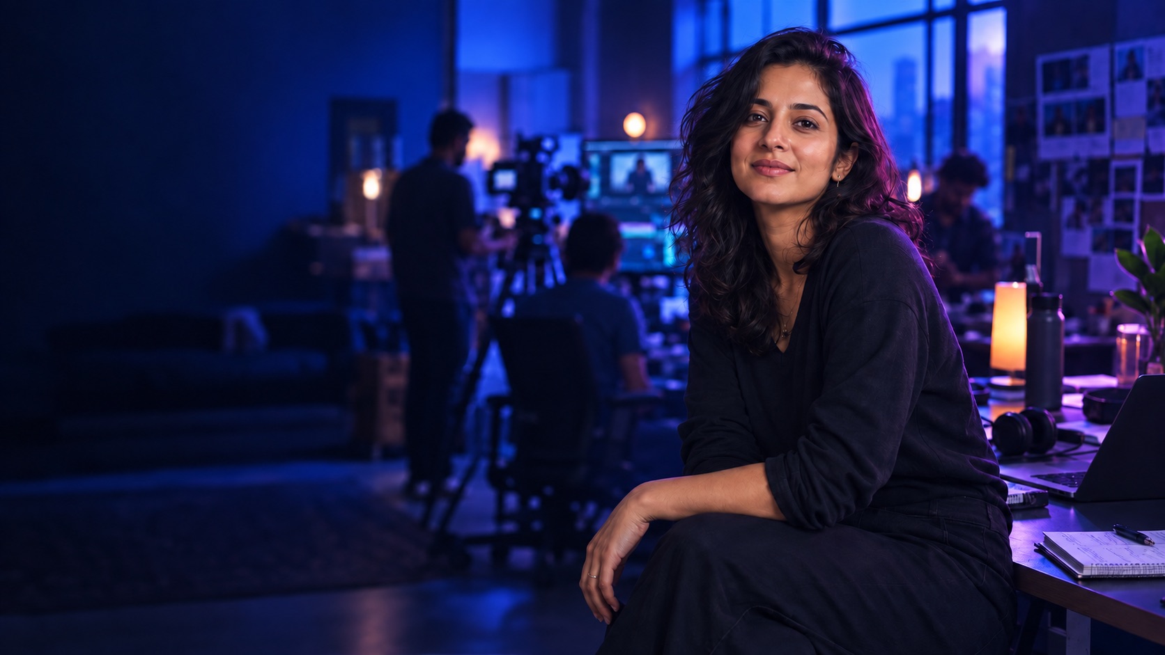 A creator in an indigo-lit recording studio